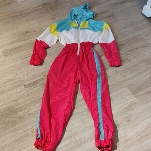 Colorblock Hooded Jumpsuit Windbreaker Size Medium Like New Pink Blue Yellow 80s